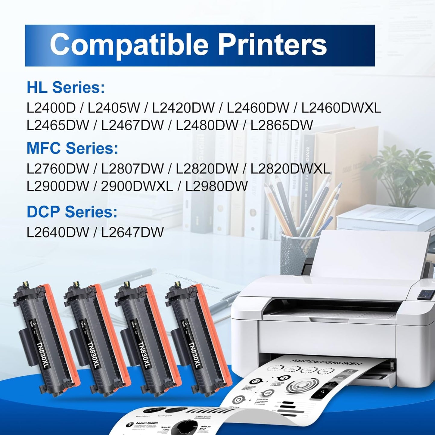 InkNI Compatible Toner Cartridges Replacement for Brother TN830XL TN830 TN 830 XL Toner Cartridges Work for HL-L2460DW DCP-L2640DW HL-L2480DW HL-L2400D HL-L2405W MFC-L2820DW Printer (Black, 4 Pack)