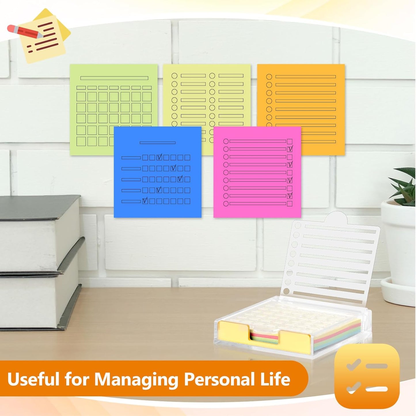 3" x 3" Sticky Notes Holder with 5 Different Stencil & 100 Sheet Post It Notes Clear Acrylic Self-Stick Sticky Note Dispenser Post It Note Holder Memo Organizer for Classroom Office Desk Organizer