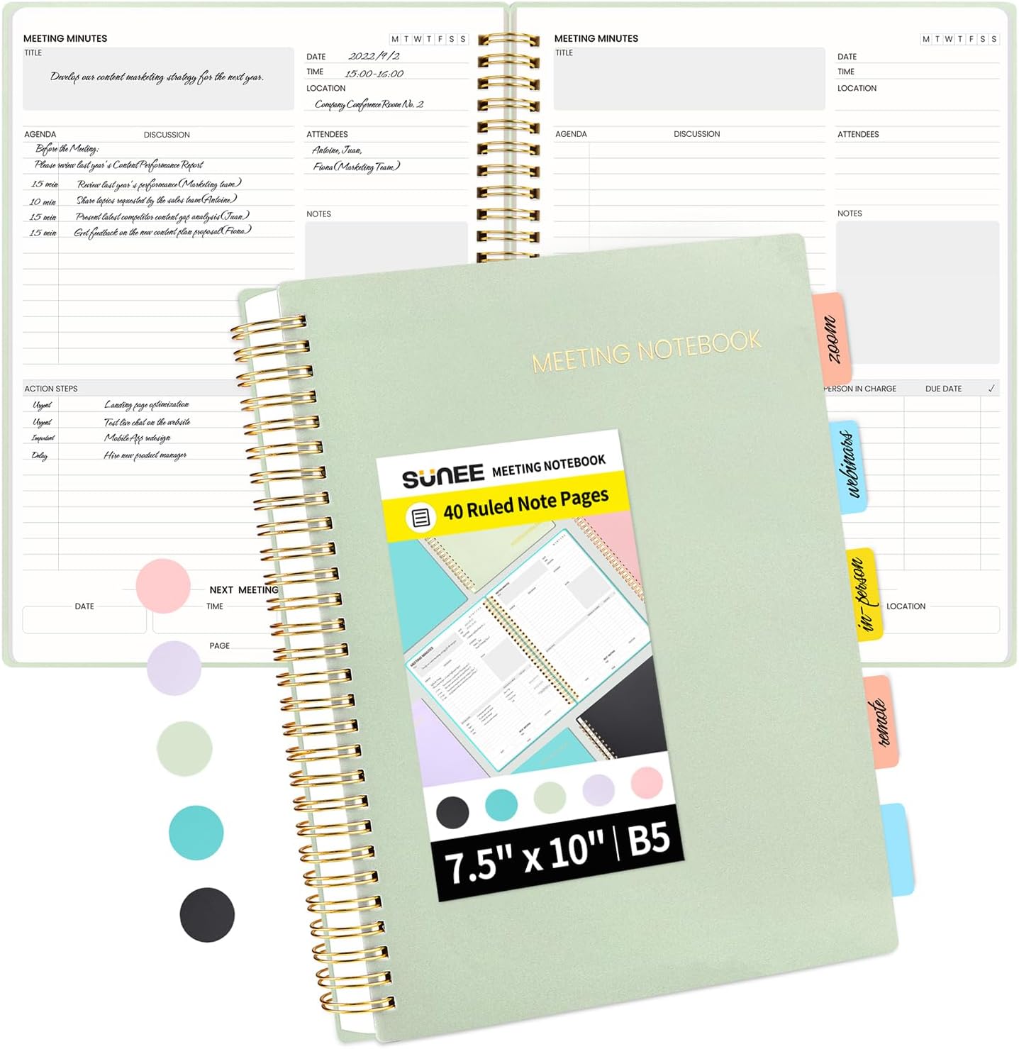 SUNEE Meeting Notebook for Work with Sticky Tabs - 160 Pages, B5 Size Project Planner, Spiral Meeting Agenda/Minutes Notebook Organizer for Women Men, Note Taking, Office & Business,7"x10", Sage Green