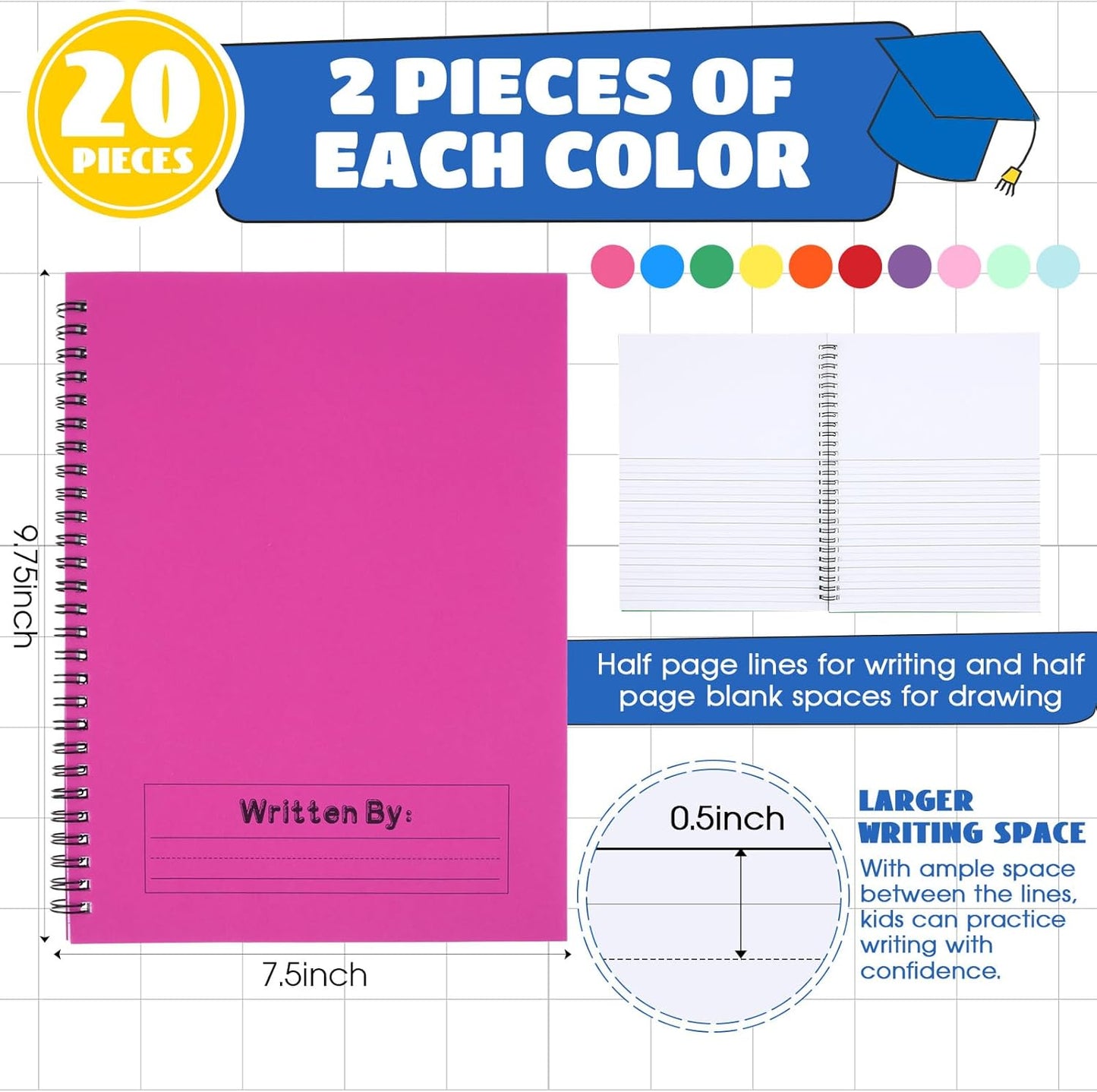 Henoyso 20 Pcs 100/50 Sheets Primary Composition Notebook K-2 Bulk Spiral Primary Journal Drawing Handwriting Practice for Kids Kindergarten 1st 2nd Back to School Supplies (Stylish Color,50 Sheets)