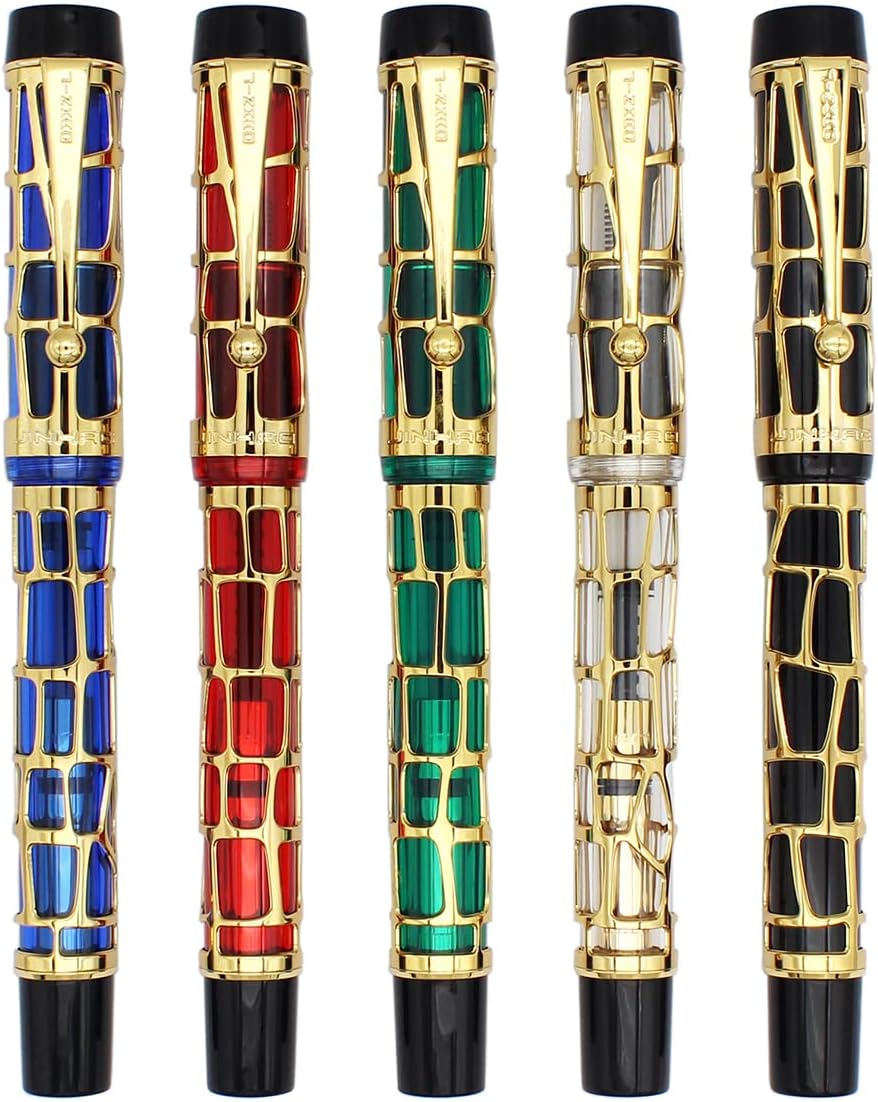 Gullor Century 100 Fountain Pen, Skeleton Hollow-out Series Golden, Screw-Cap, Fine Nib, Transparent Green