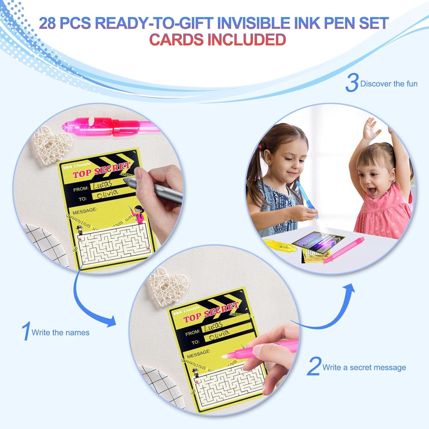 28 Pcs Invisible Ink Pens with UV light for kids, Word Search & Maze Activities Cards Included, Education & Party Favors, End of School Year Gift, Birthday,Halloween, Christmas, Goodie bag stuffers