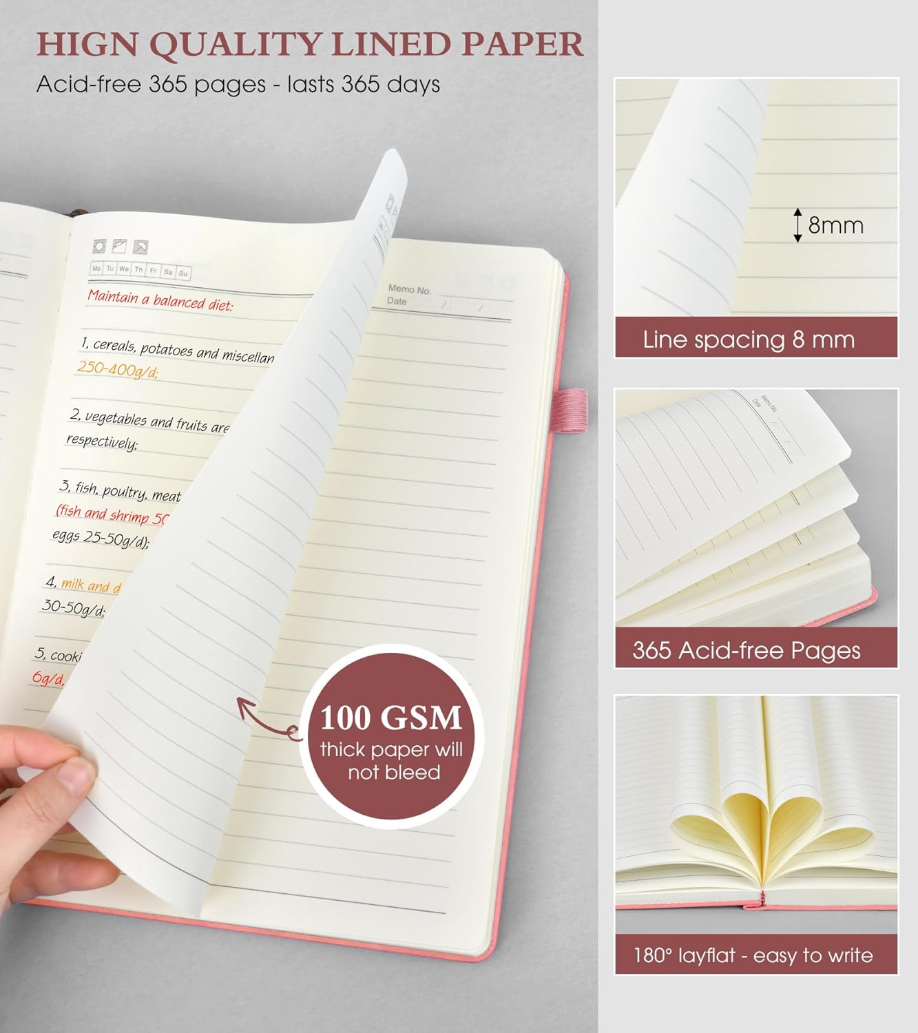 A4 Lined Journal Notebook，365 Page Large Leather Journals for Writing Women Men，Hardcover Notebook with 100Gsm Thick Pages for Travel，Work，School，College Ruled, Daily Diary (8.5" x 11.4")