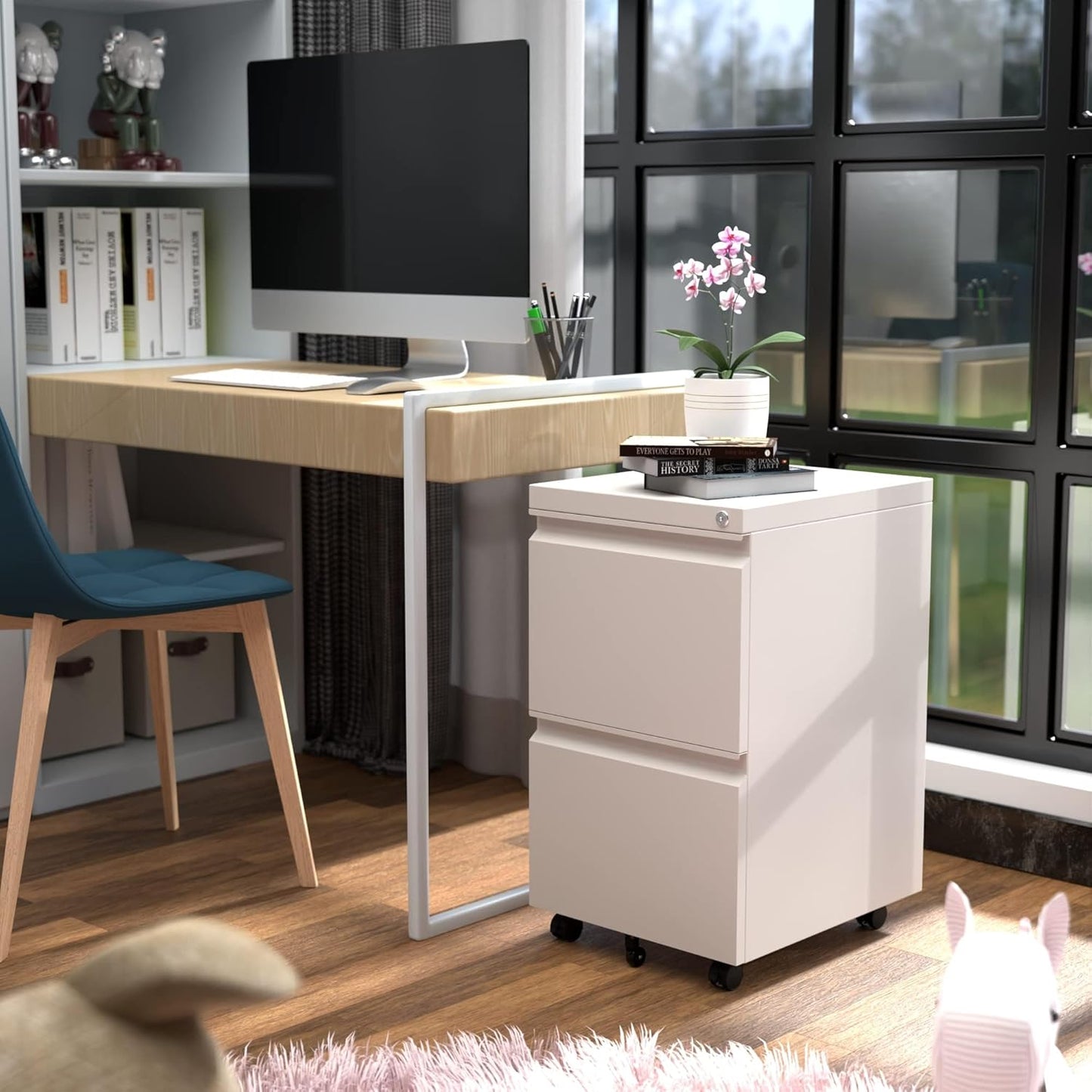 Aobabo Metal 2 Drawer Office File Cabinet with Lock, Under Desk Office Steel Files Cabinet on Wheels, 25.6''H Legal/Letter A4 Size, Fully Assembled Except Wheels,White