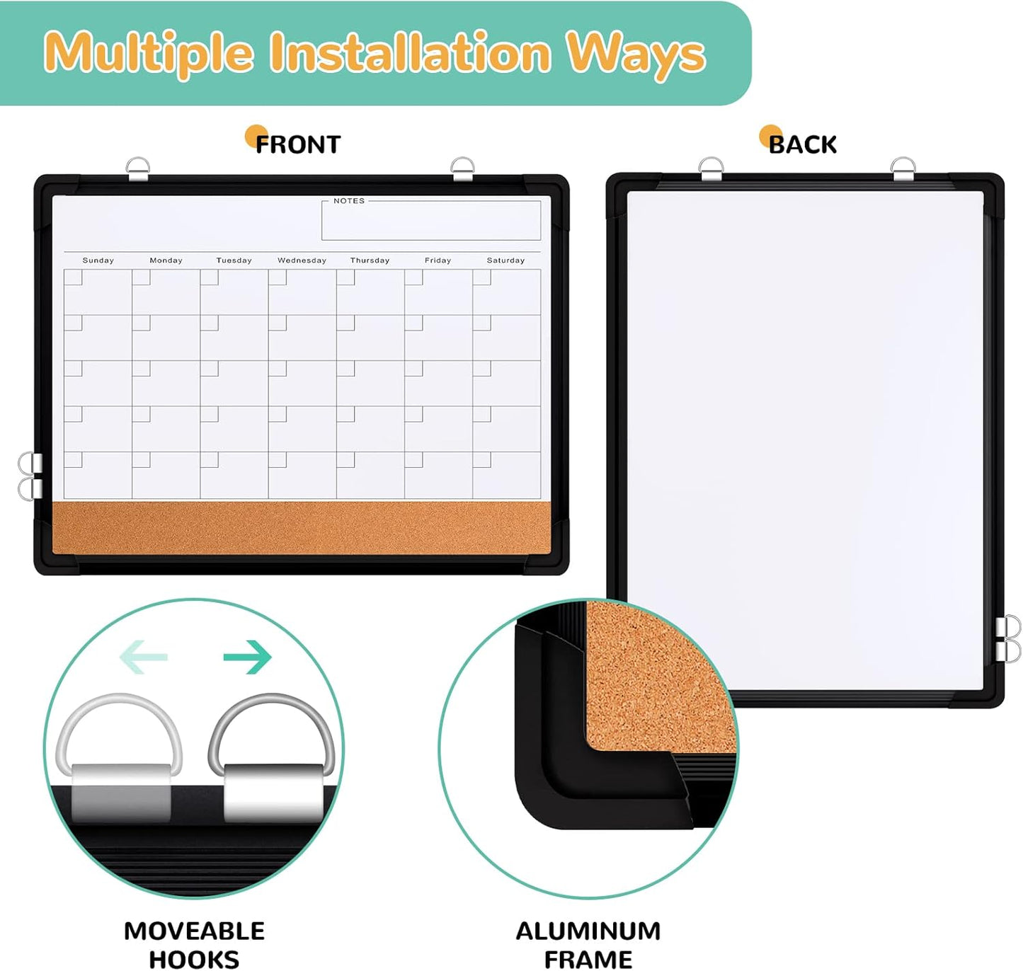 Monthly Calendar Whiteboard Dry Erase Cork Board Combination for Wall, 17x13 Magnetic Dry Erase Board, Double-Sided White Board, Portable Board for Office, Planning, Memo, School, Home (Black)