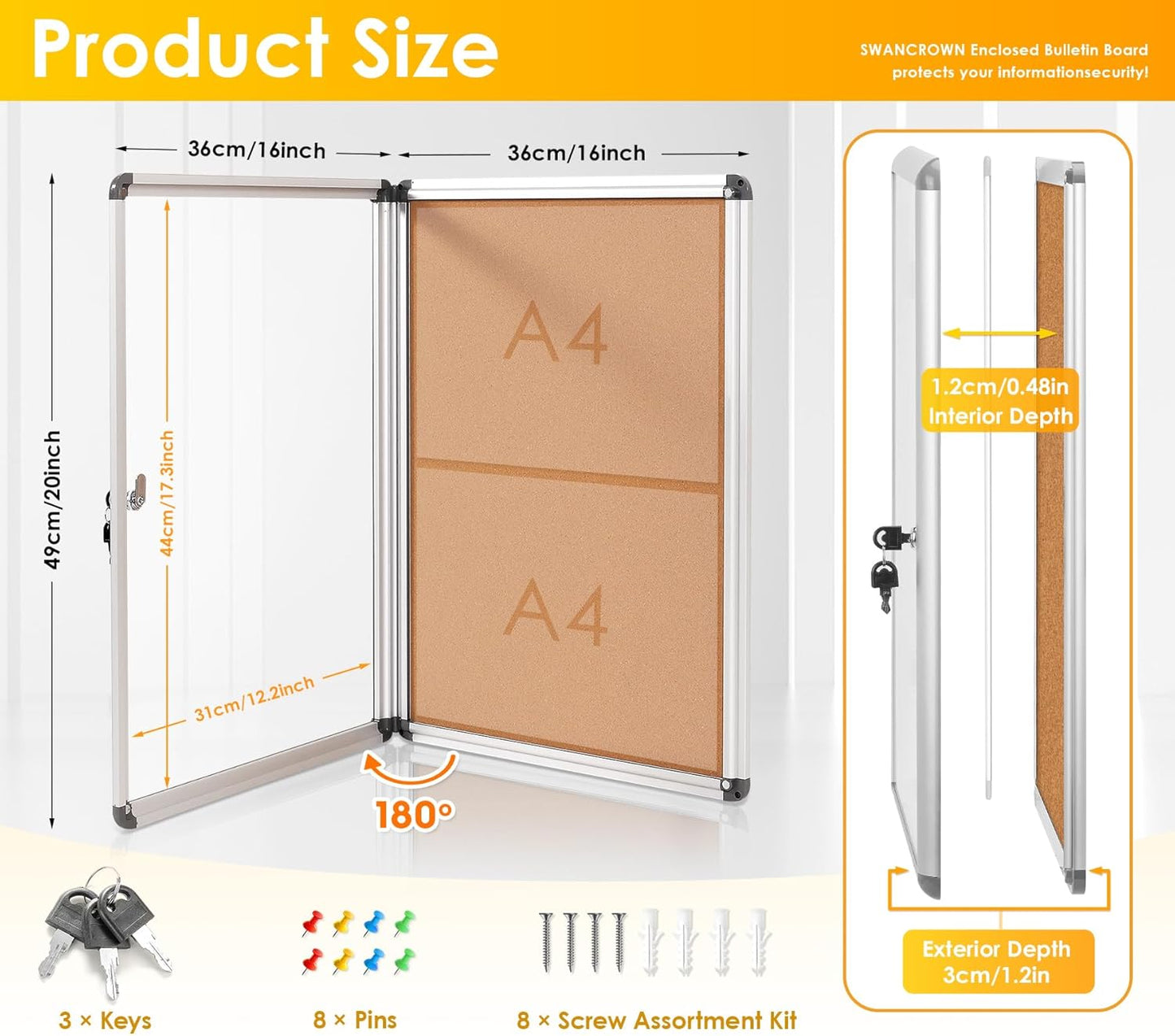 SWANCROWN Enclosed Bulletin Board,Lockable Cork Noticeboard for School Office,Wall Display Case with Lock 20"x14"(2xA4)
