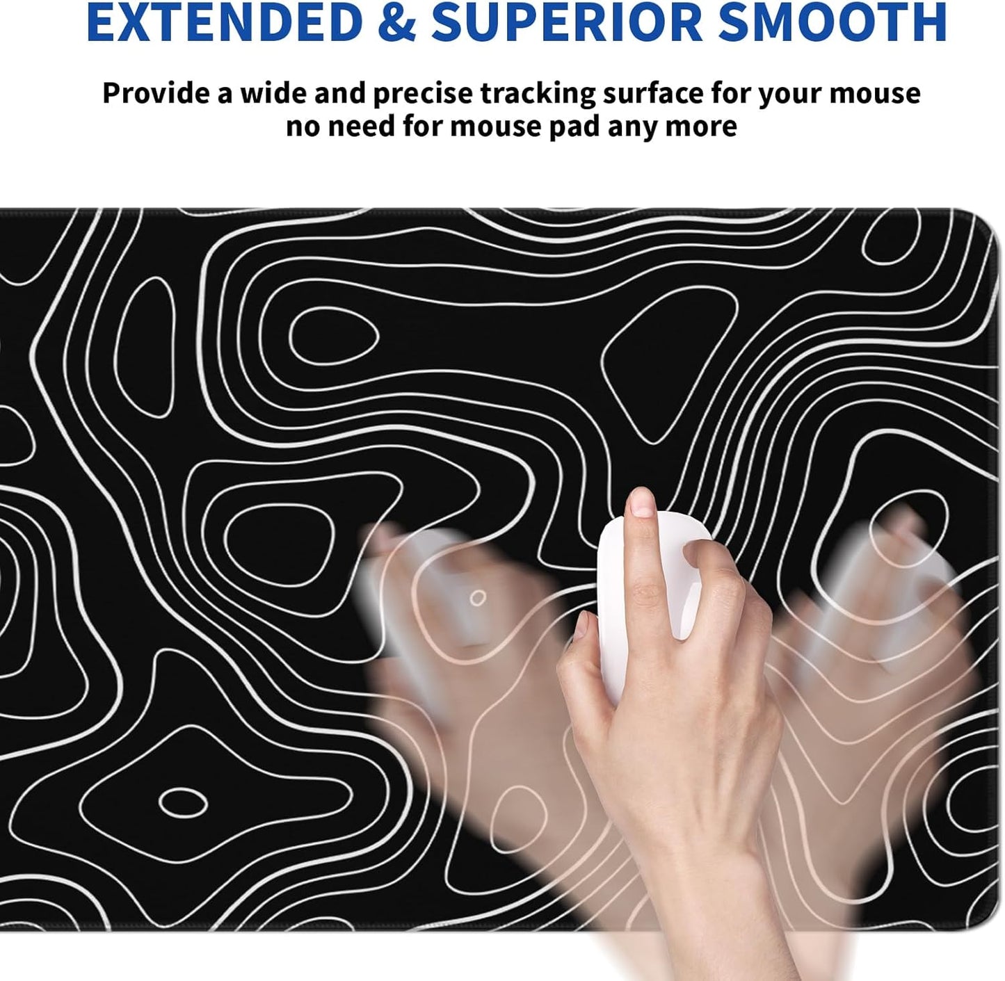 Topographic Contour Gaming Mouse Pad Black Large Mouse Pad for Keyboard and Mousepad Desk Mat with 3mm Non-Slip Base and Stitched Edge for Gaming and Office Computer Mat Protector Mat 31.5x11.8 Inch