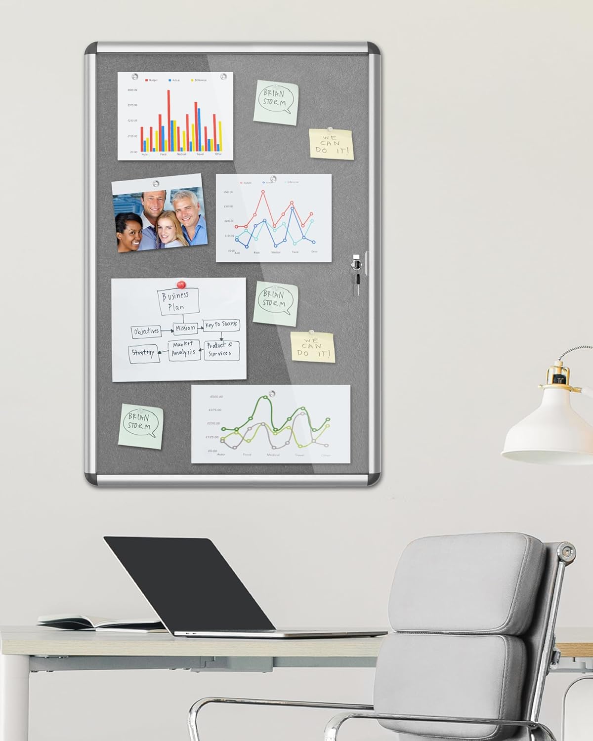 36"x24" Enclosed Bulletin Board, Lockable Weather-Resistant Aluminum Cork Noticeboard for School & Office, Silver Frame w/Grey Flet