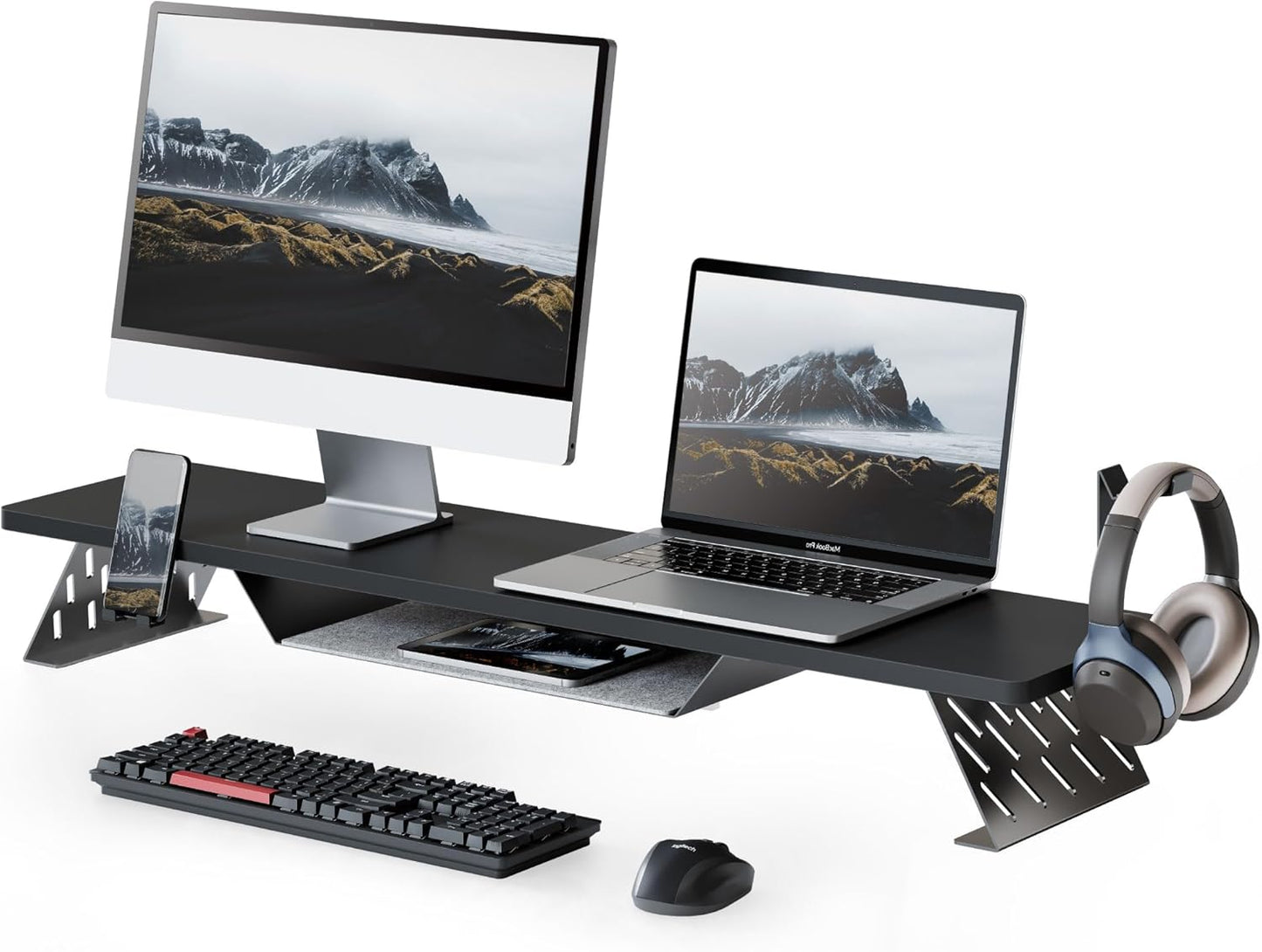 Fenge Dual Monitor Stand, 42.5 Inch Monitor Riser for Desk, Wood Desk Shelf for 2 Monitors, 2 Tier Monitor Shelf with Headphone Stand & Phone Holder