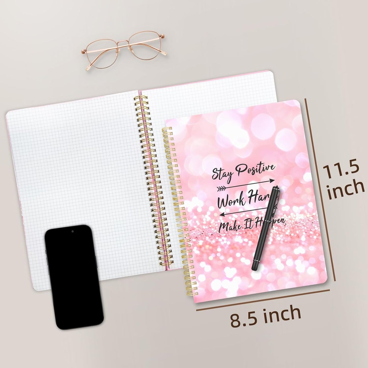 Cute Spiral Notebook journal A4 Aesthetic Pretty Design for Women Girls Kawaii with Pocket, 8.5 x 11 inch, Graph, Positive
