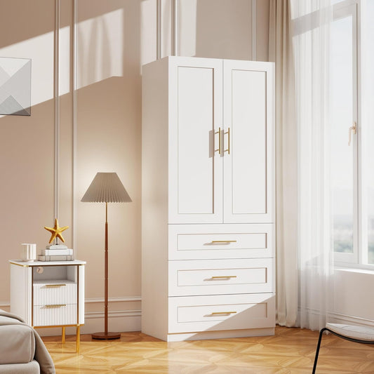 White Wardrobe with 2 Doors: 75" Tall Armoire Wardrobe Closet with 3 Drawers, Bedroom Closet Cabinet for Hanging Clothes, Wooden Storage Armoire with Shelves (Modern, 1)