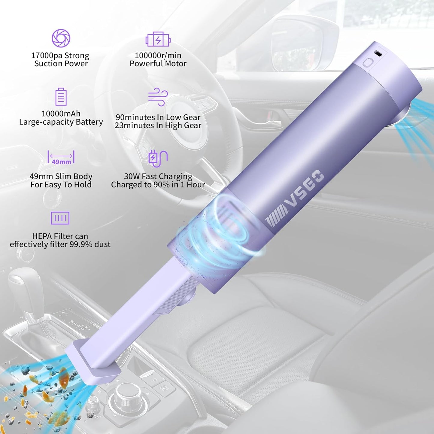 VSGO Cordless Car Vacuum, Compressed Electric Air Duster 17000Pa Suction, 5-in-1 Portable Mini Small Handheld Vacuum, UP to 90 Mins Runtime for Car, Desk, Computer, Keyboard, Home Cleaning (Purple)