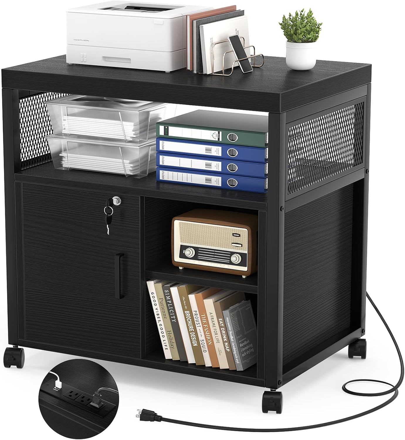 Unikito Lateral File Cabinet, Locking Office Filing Cabinets with Socket and USB Charging Port, Modern Rolling Printer Stand with Storage for A4, Letter Size and File Folders, Black