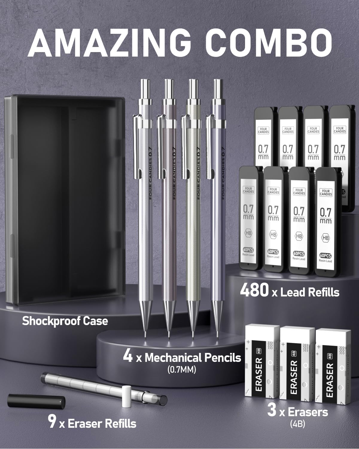 Four Candies 0.7mm Mechanical Pencil Set with Case - 4PCS Metal Mechanical Pencils, 8 Tubes HB #2 Lead Refills, 3PCS 4B Erasers and 9PCS Eraser Refills, Lead Mechanical Pencils for Writing & Drawing