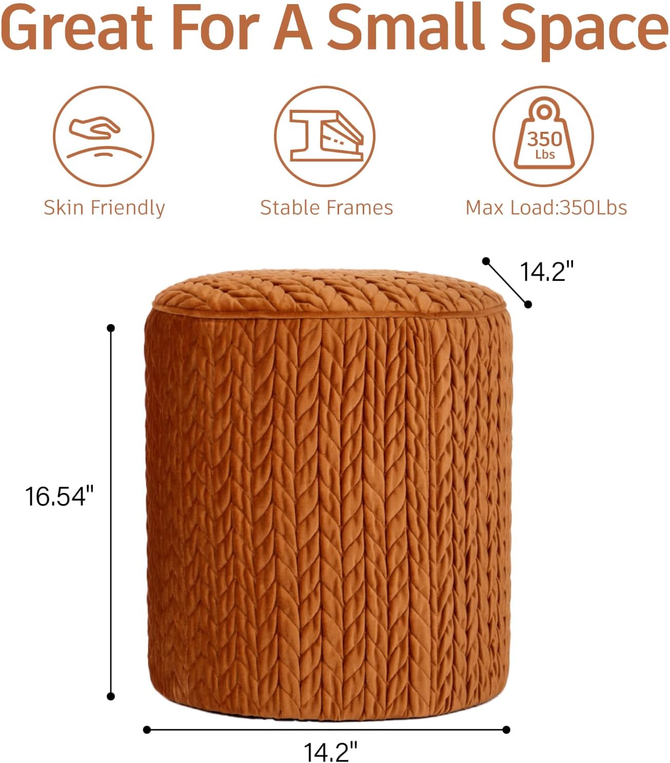 Modern Round Ottoman 2Pcs, Braided-Tufted Foot Stool Ottoman, Velvet Upholstered Vanity Stool for Makeup, Bedroom, Living Room, Dark Orange