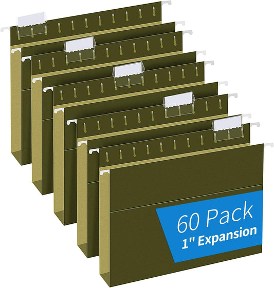 Extra Capacity Hanging File Folders, RAZCC 60 Pack Letter Size Reinforced Hanging Folders with Heavy Duty 1 Inch Expansion for Bulky Files, Filing Cabinet, Adjustable Tabs, Green