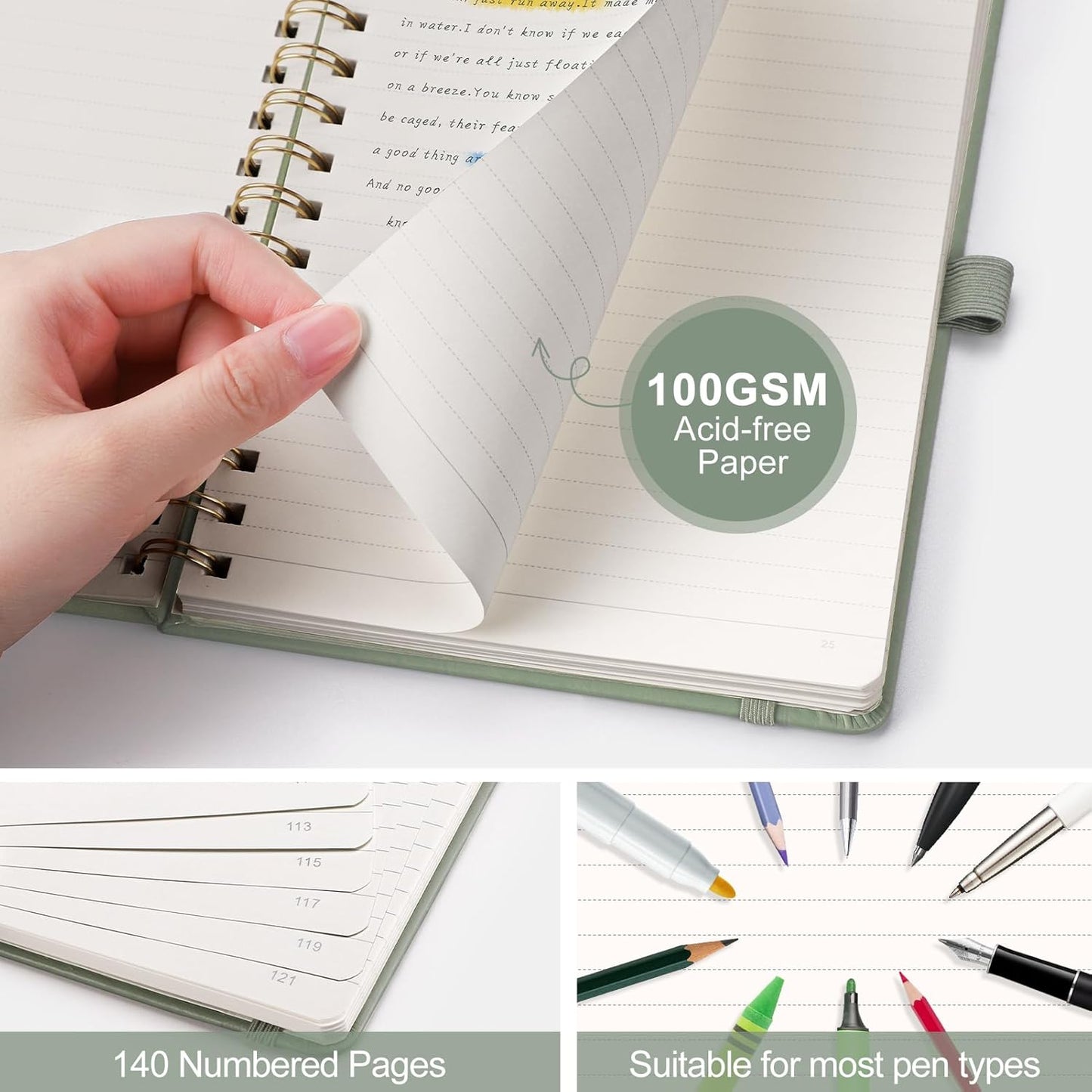 AHGXG Lined Spiral Journal Small Notebook for Women, Notebook College Ruled A5 5.7" X 8.3", 140 Numbered Pages, Hardcover Leather, Meeting Notebook for Work, School Office Supplies, Sage Green
