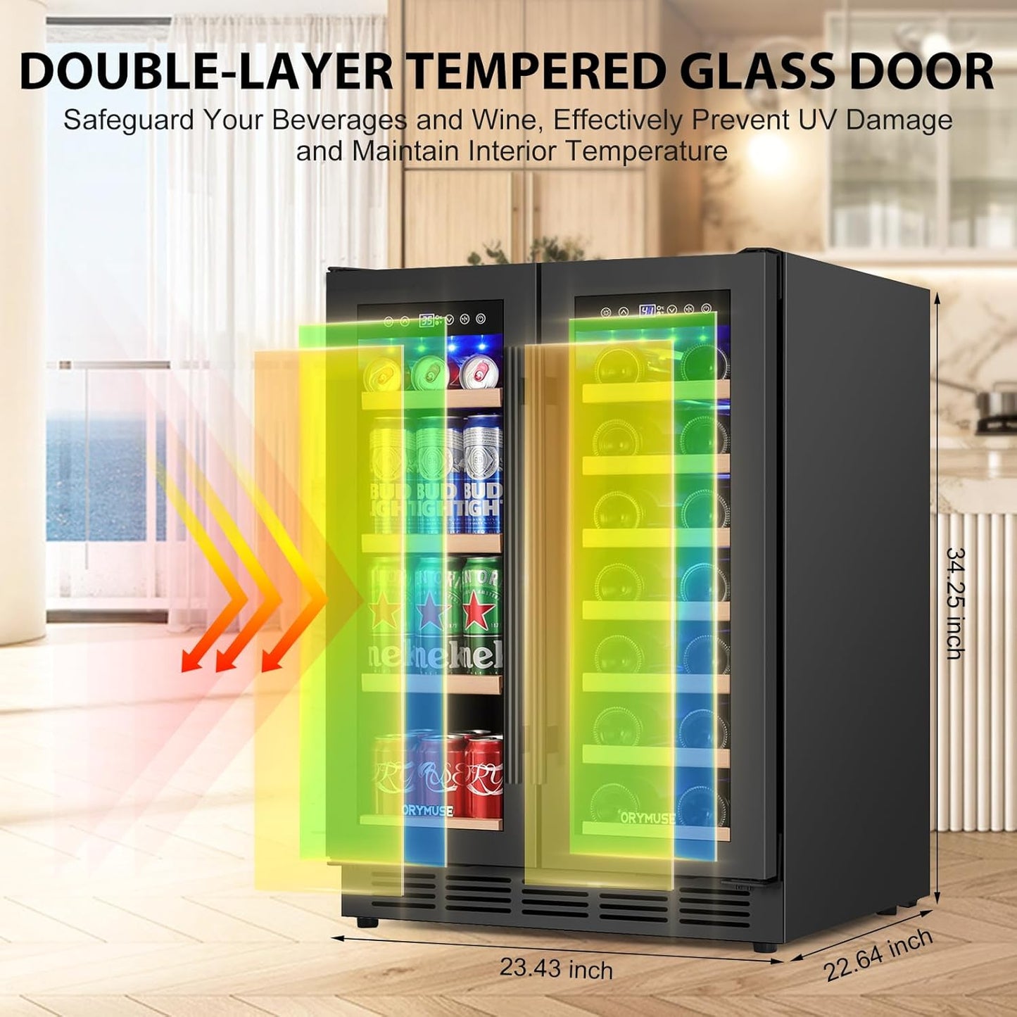 24" Dual Zone Wine & Beverage Refrigerator – Under Counter Cooler with Upgraded Cooling & Blue LED Light, Hold 20 Bottles and 88 Cans Large Capacity Wine Fridge, Built-In or Freestanding – Black
