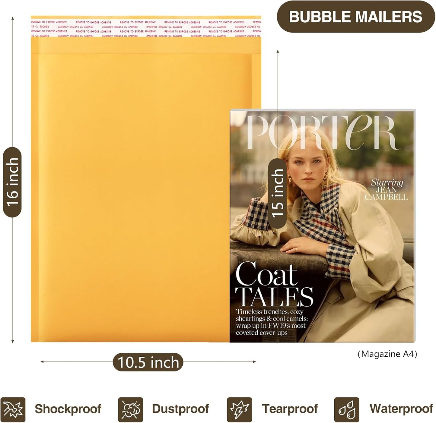 UCGOU Kraft Bubble Mailers 10.5x16 Inch 25 Pack Usable Size 10.5x15 Yellow Padded Envelopes #5 Large Mailing Packages Self Sealing Tear Resistant Boutique Bulk Mail Shipping Bags for Book and More