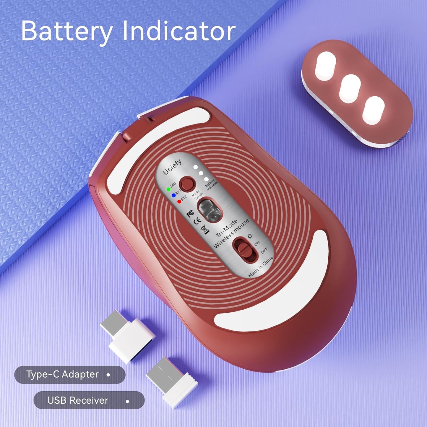 Uciefy Bluetooth Wireless Mouse, (BT5.0/5.1+2.4GHz) USB C Rechargeable LED Mouse Battery Level Visible, Honeycomb Magnetic Shell Cover with USB Receiver & Type-C Adapter for Laptop/PC/Mac/iPad-Red