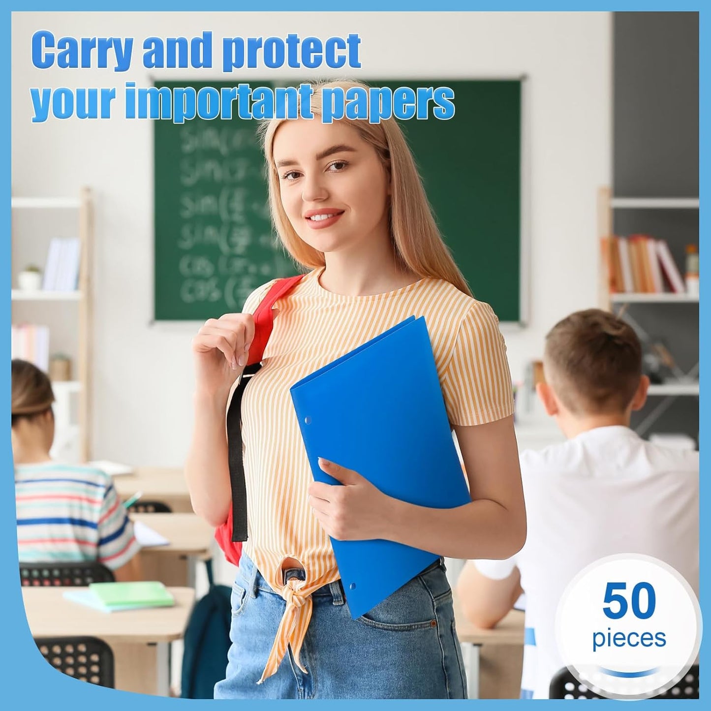 Yeaqee 50 Pcs Plastic Folders with Pockets Bulk 3 Hole Punched 2 Pocket File Folders for 3 Ring Binder Divider Folder for Notebooks, Durable Poly for Office Home (Blue)