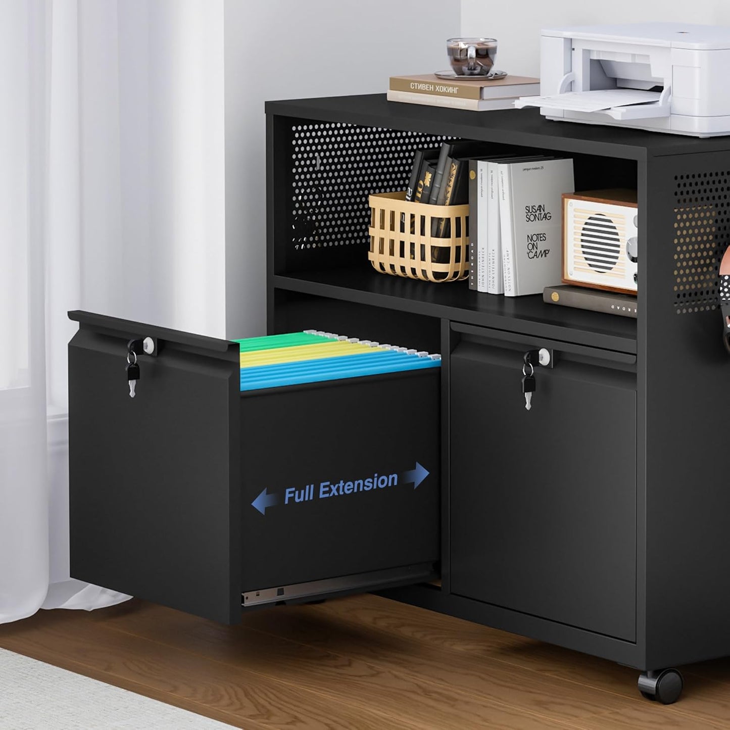Metal File Cabinet,2 Drawer Filing Cabinet with Lock,Rolling Printer Stand Storage Cabinets with Shelves for Home Office Letter/Legal/A4 Size Files(Black)