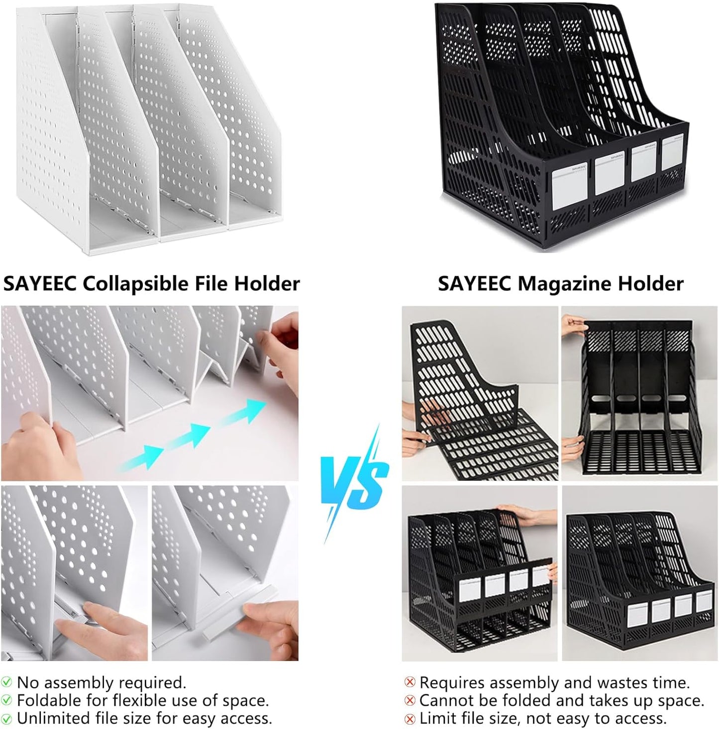 SAYEEC 1Pcs Collapsible Plastic Magazine File Holder Vertical Binder Storage Organizer for Desk Sturdy Upright Desktop Magazine Organizer Folder Rack for Office School Home (3 Compartments, Gray)