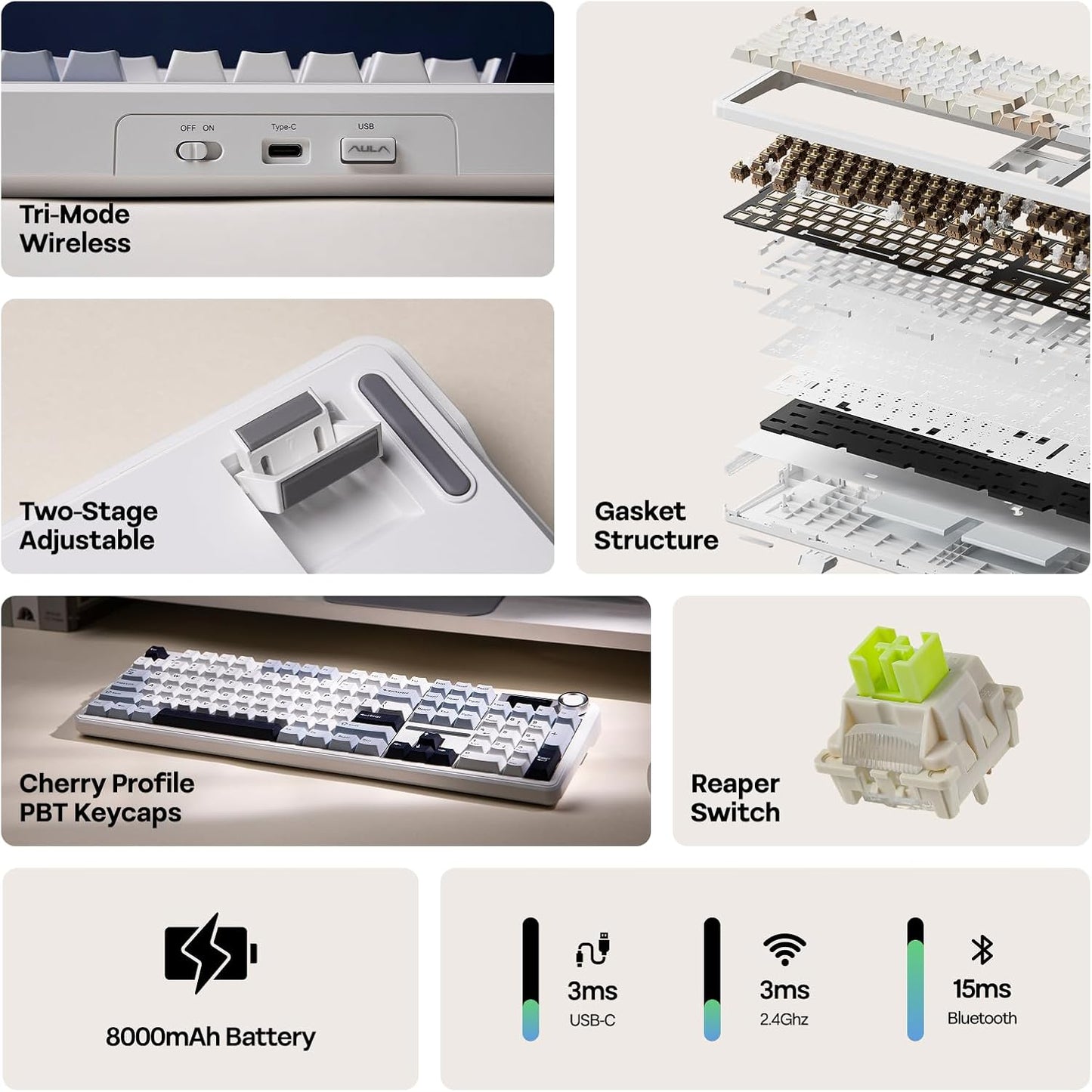 EPOMAKER X Aula F108 PRO Wireless Gaming Keyboard with Screen, 8000mAh Battery, 104 Hot-Swappable and Programmable Keys and Knob, RGB Backlight, for Mac/PC/Android (Blue&White)