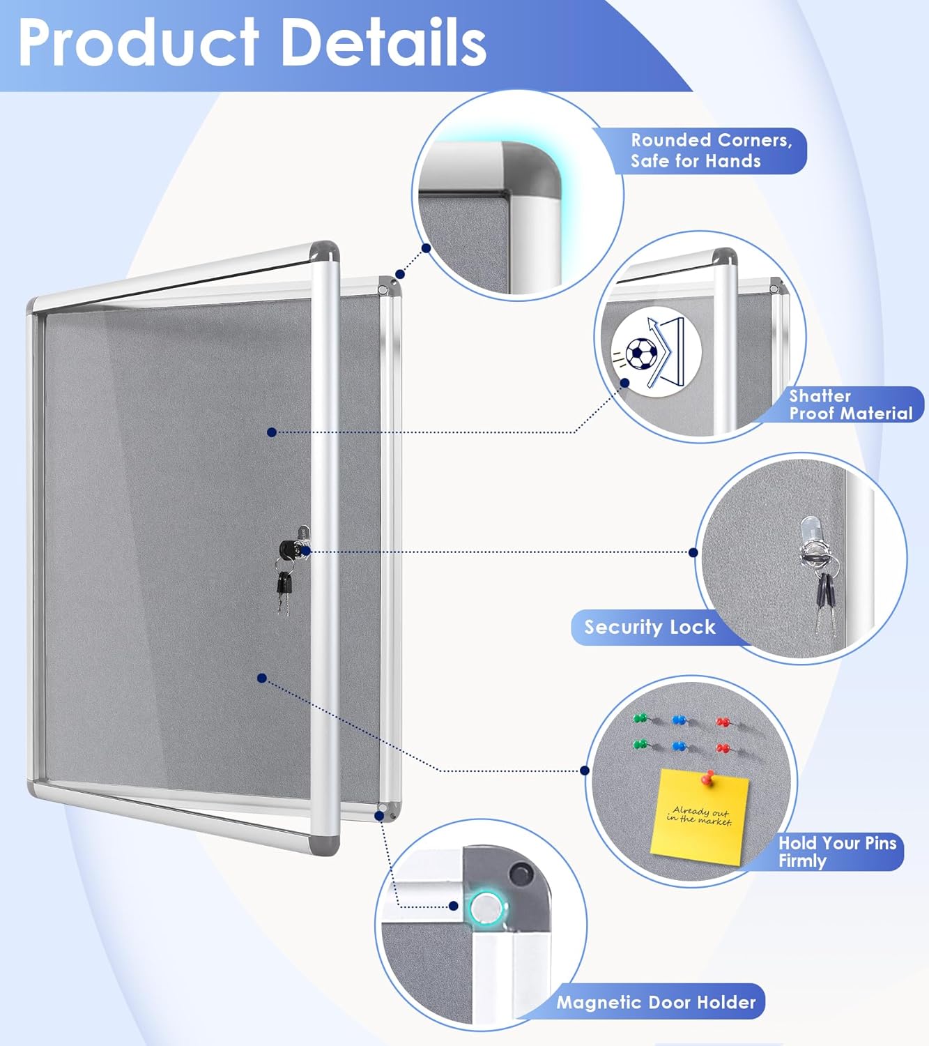SWANCROWN Enclosed Bulletin Board 24x18 in, Tamperproof Lockable Grey Felt Board Wall Display Case for Office School Home, Aluminum Frame