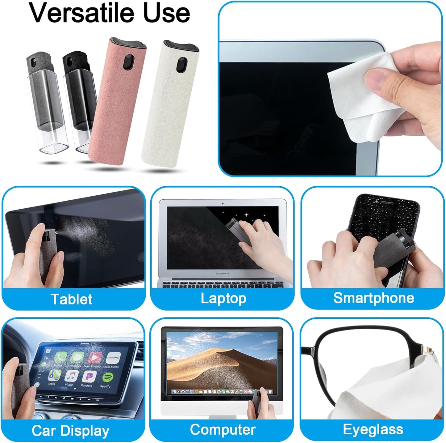 walrfid 4 Pack Screen Cleaner Spray, Car Touchscreen Mist Cleaner, Electronic Laptop Cleaning Kit for Computer, Cellphone, iPad, iPhone, MacBook, TV Monitor, Tablet, Car Display(Pink Grey Black Cream)