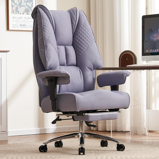 Big and Tall Office Chair 400lbs Wide Seat, Leather High Back Executive Office Chair with Foot Rest, Ergonomic Chairs Lumbar Support for Lower Back Pain Relief (Light Purple)