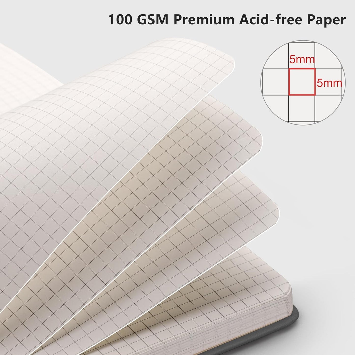 RETTACY Graph Grid Paper Notebook, 192 Pages, A5 Medium Size (5.7'' x 8.3''), 5 Squares per Inch, Leather Hardcover, 100 GSM Thick Paper, for School, Students, Math, Engineering (Gray)
