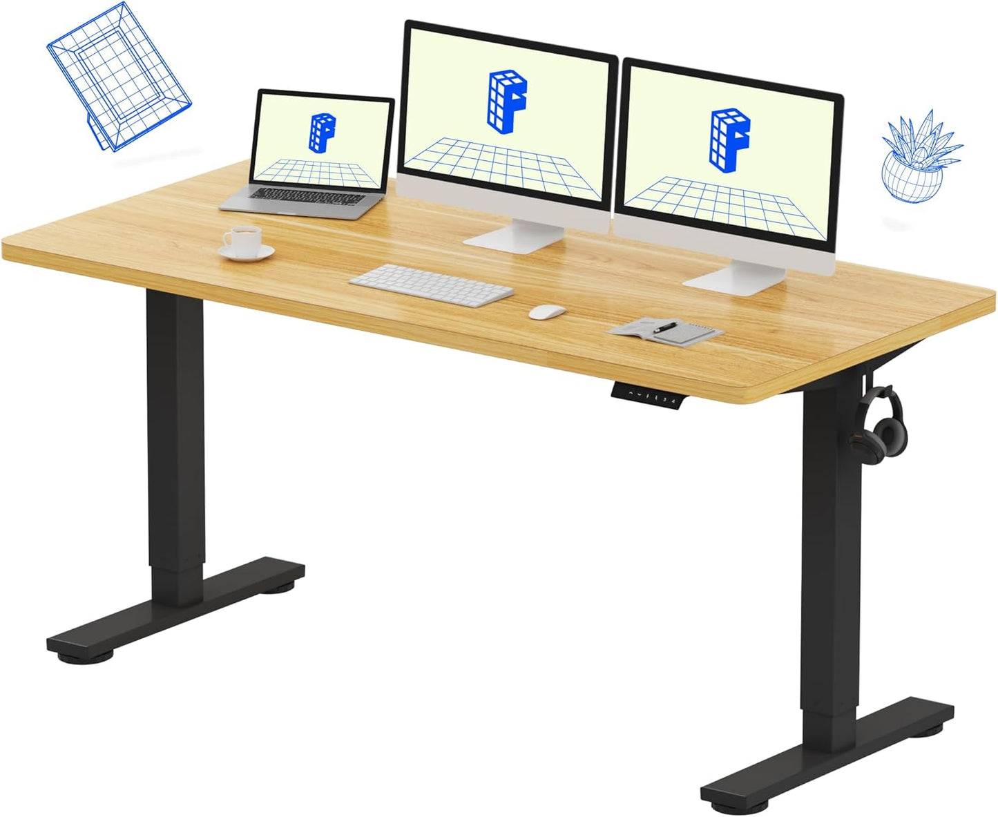 FLEXISPOT EN1 Whole-Piece Standing Desk, 60"x24" Electric Sit Stand Desk for Home Office (Black Frame + Maple Top, 2 Packages)