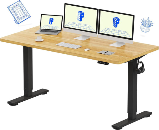 FLEXISPOT EN1 Whole-Piece Standing Desk, 60"x24" Electric Sit Stand Desk for Home Office (Black Frame + Maple Top, 2 Packages)