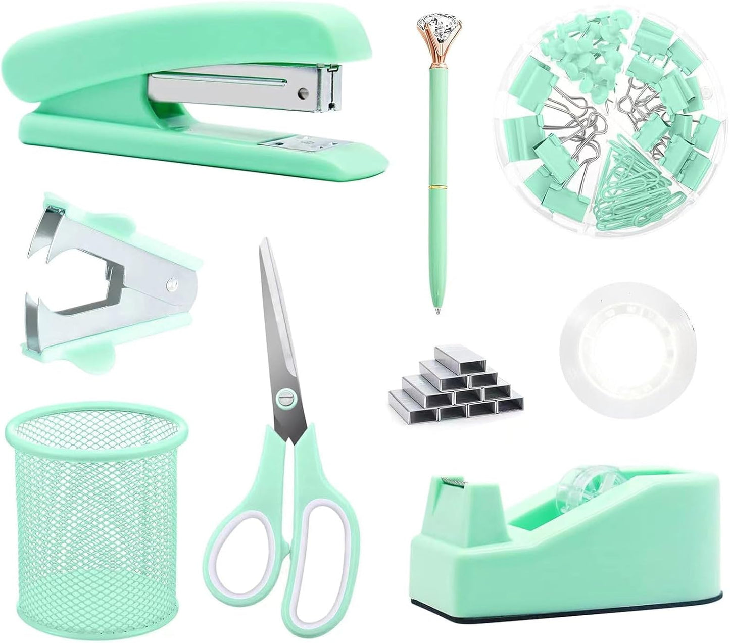 Green Desk Accessories, Pink Office Supplies Set with Stapler, Tape Dispenser, Staple Remover, Pen Holder, Scissor, Binder/Paper Clips, Ballpoint Pen, Clear Tape and 1000pcs Staples