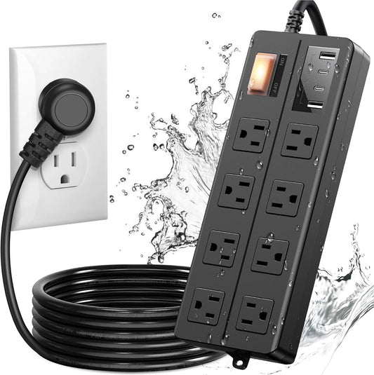 IPX6 Outdoor Power Strip Weatherproof, Waterproof Surge Protector with 8 Wide Outlet with 2A2C USB Ports, 10FT Long Extension Cord, Wall Mountable for Outside Decorations and More UL Listed(Black)