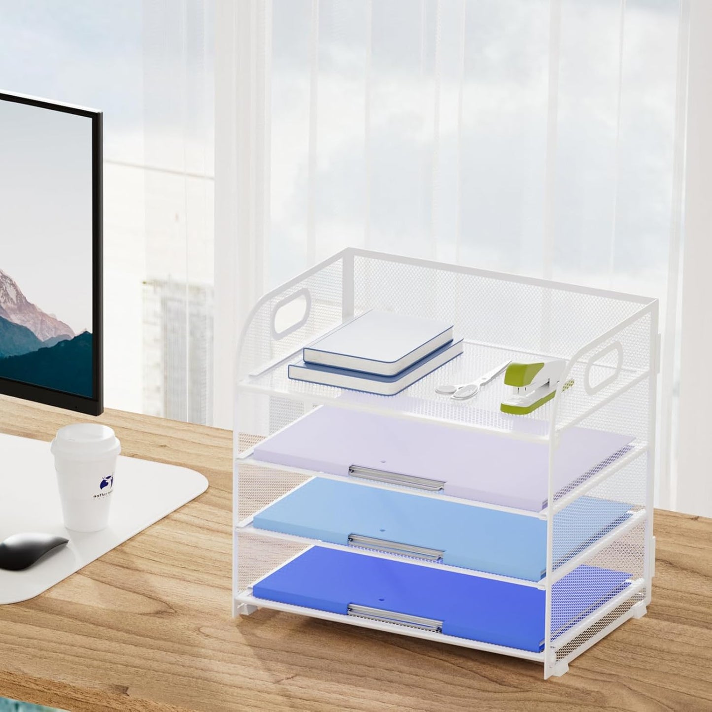 Marbrasse 4 Tier Paper Organizer Letter Tray, Mesh Desk File Organizer with Handle, Paper Sorter Organizer for Letter /A4 Office File Folder Holder（White, 12.6" x 9.1" x 10.7"）