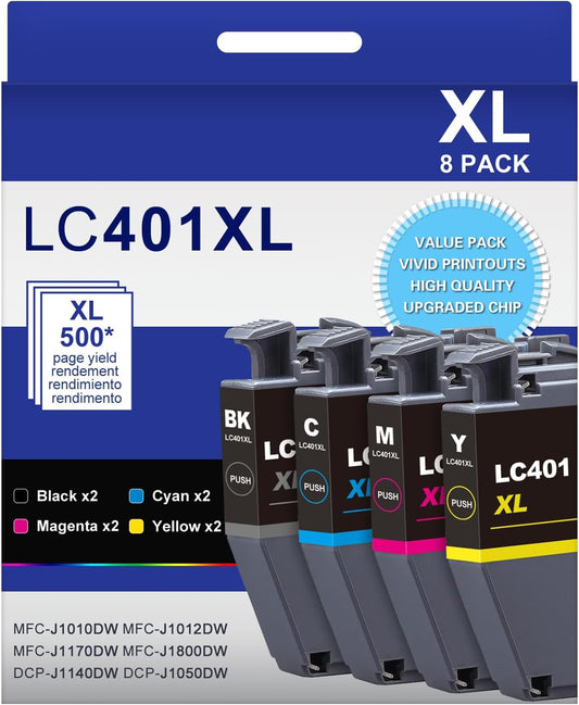LC401XL LC401 High Yield MFC-J1010DW Ink Cartridges 8-Packs Compatible for Brother 401XL LC-401 Ink Cartridges Work with MFC-J1010DW J1170DW J1012DW J1800DW (2 Black, 2 Cyan, 2 Magenta, 2 Yellow)