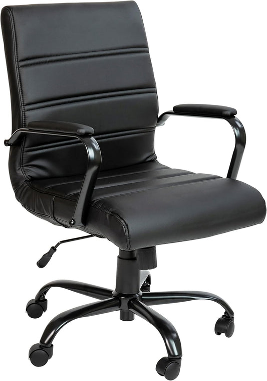 Flash Furniture Whitney Mid-Back Swivel LeatherSoft Desk Chair with Padded Seat and Armrests, Adjustable Height Padded Office Chair, Black