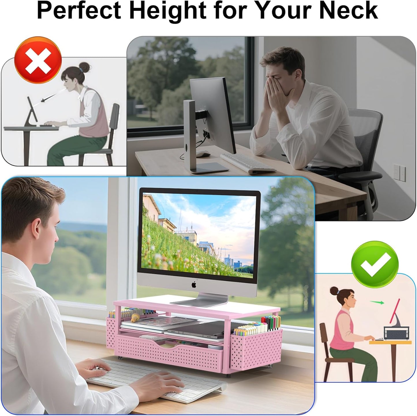 Desk Organizer and Accessories, Computer Monitor Stand Riser with Drawer and 2 Pen Holders, Office Desk Accessories & Workspace Organizers for Office Supplies (Pink)