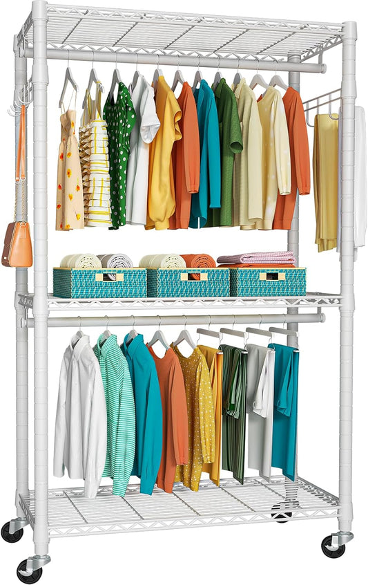 P1 Heavy Duty Garment Rack, 3 Tiers Adjustable Rolling Metal Closet Organizer with Lockable Wheels, FreeStanding Wardrobe with Double Hanger Rods & 1 Pair Hooks, Max Load 450 LBS, White