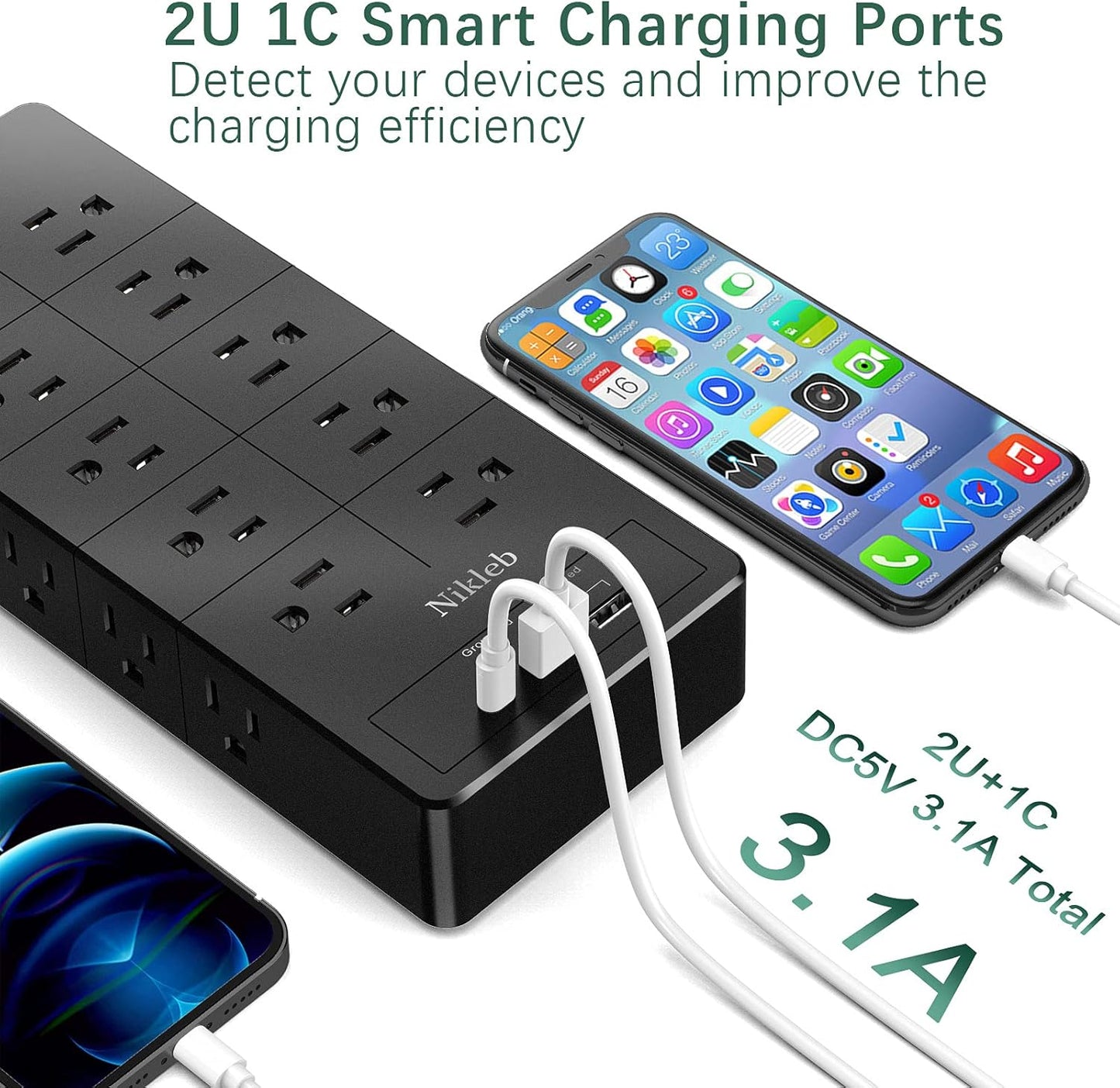 Power Strip 23 in 1, 20 Outlets Surge Protector Wall Mount with 2 USB+1 USB C Ports, Multi Plug Extension Cord 6ft Heavy Duty, Accessories for Gaming, Studio, Home, Office, Desk Organizers