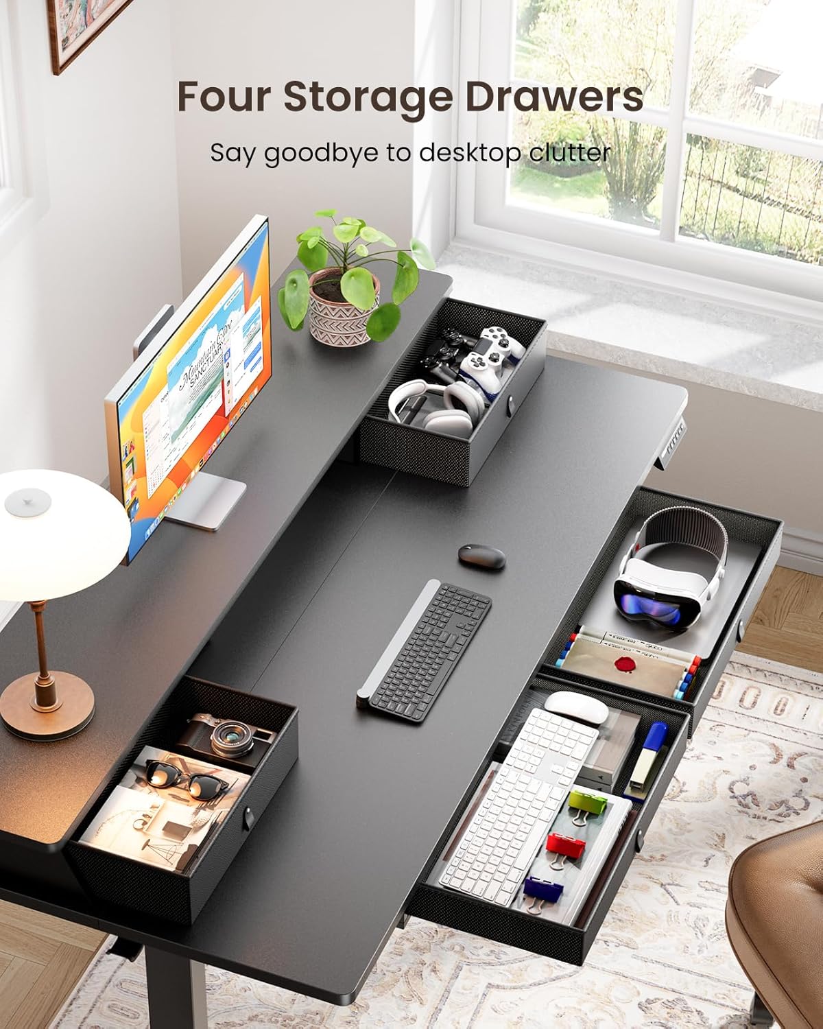 ErGear Electric Standing Desk with 4 Drawers, 48" x 30" Height Adjustable Desk with Storage, C-Clamp Mount Compatible, Computer Home Office Table with Cable Management Tray, Black