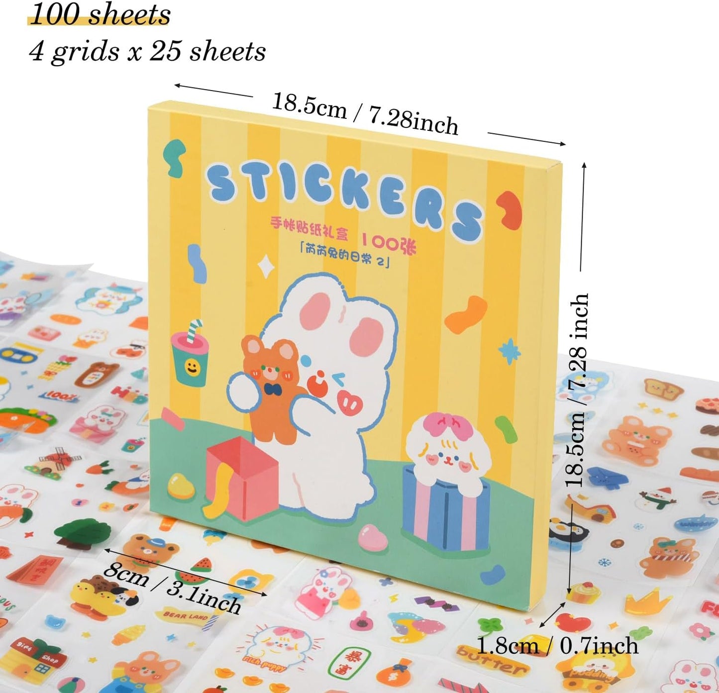 Kawaii Cartoon Bear Journaling Stickers - 100 Sheets Cute Rabbit Animal Transparent PET Scrapbooking Clipping Supplies Calendar Decals Sticker for Planners Collage Junk Journal DIY Arts Crafts