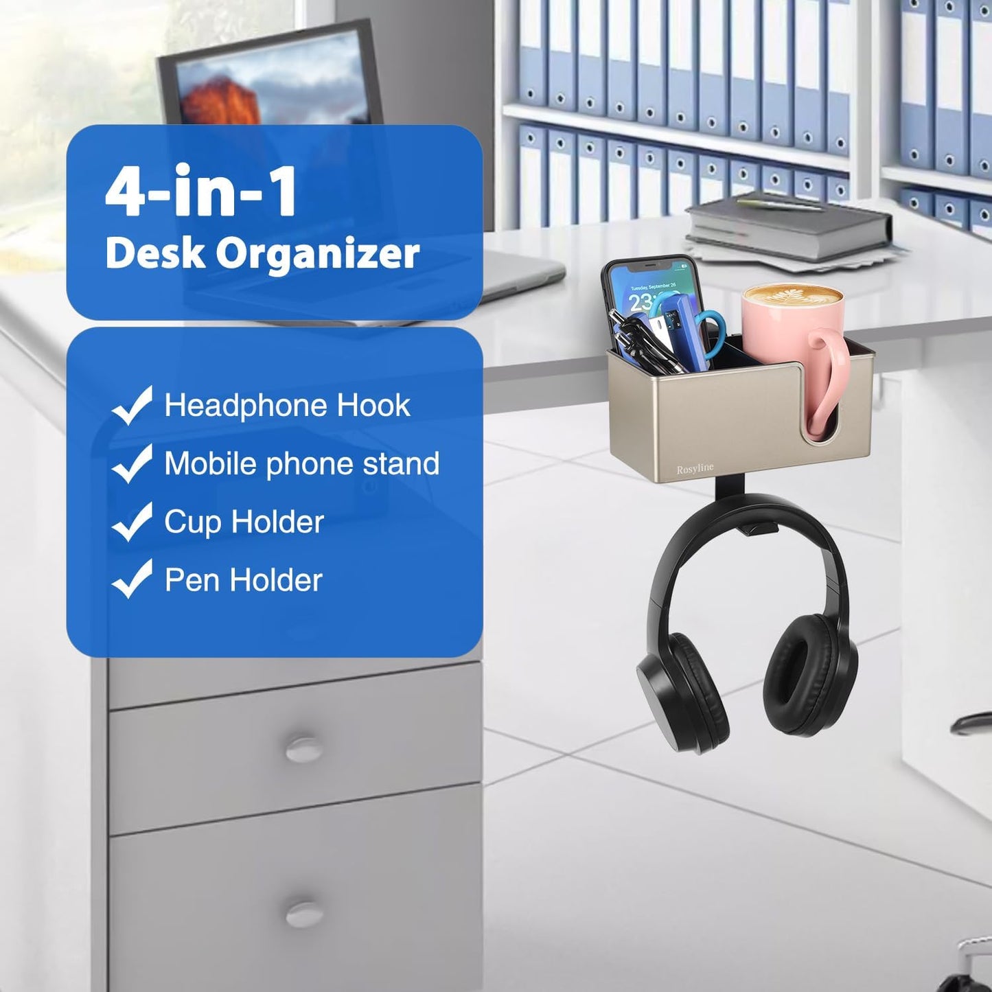 ROSLINE 3-in-1 Clip-on Desk Organizer - Pen, Headphone, and Cup Holder for Expanding Office and Gaming Space (Champagne)