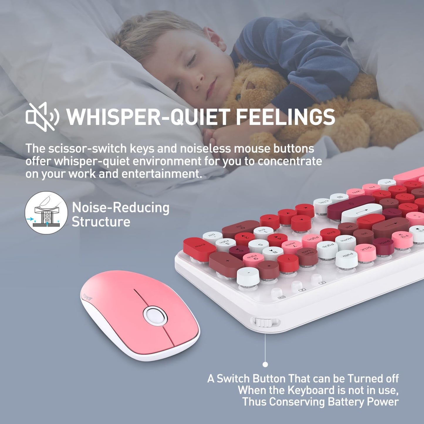 FOPETT 2.4GHz Wireless Keyboard and Mouse Set with Switch Button - Full-Size Keyboard - Compatible for Windows/Laptop/PC/Notebook/Smart TV and More - White Colorful