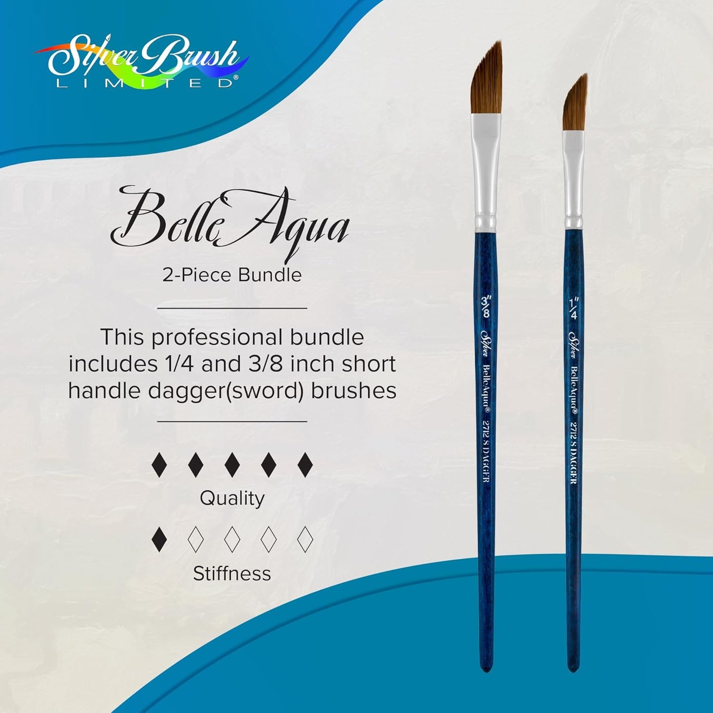 Silver Brush Limited BA-2761S BelleAqua Creative Shape 2pc Dagger Striper Watercolor Brush Set, Professional Soft Synthetic Red Sable Short Handle Artist Painting Brushes, Sizes 1/4 and 3/8 Inch