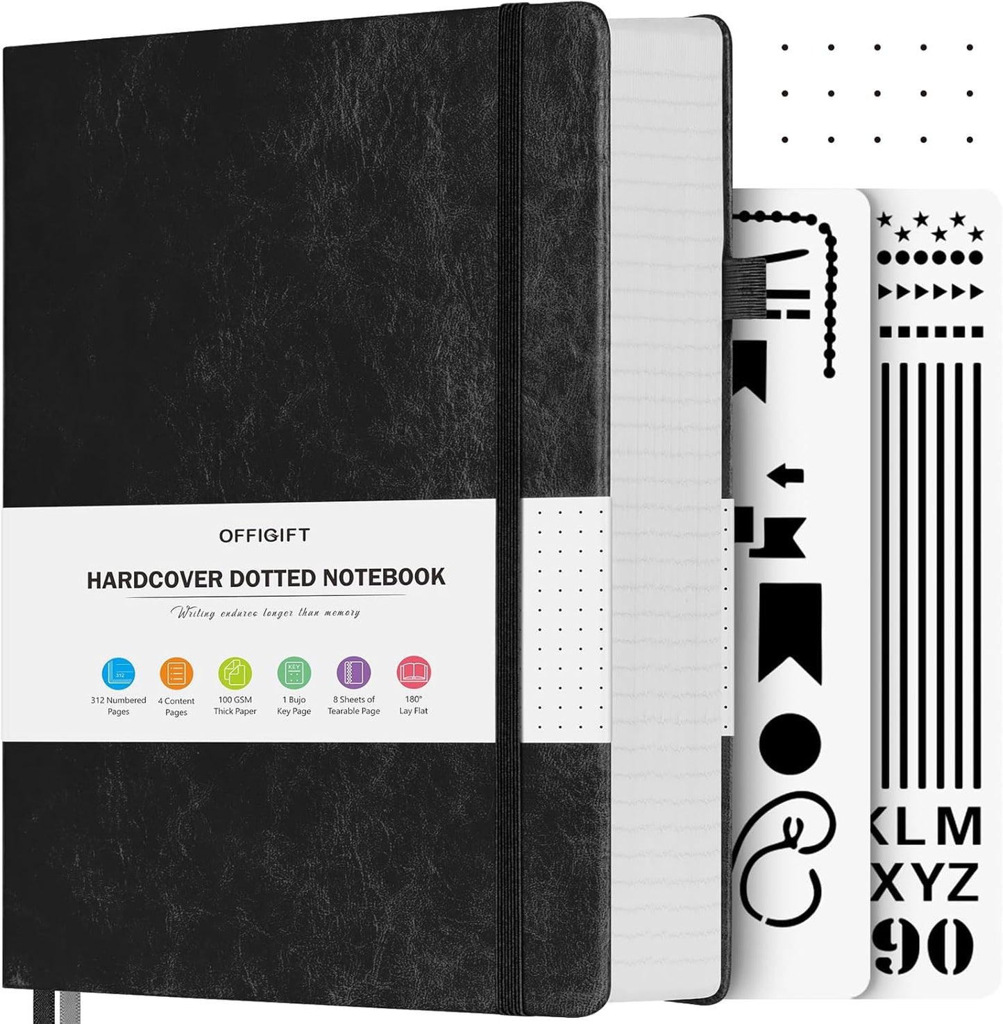 Bullet Dotted Journal Notebook, 312 Numbered Pages A5 Hardcover Leather Journal, 100gsm No Bleed Paper Dot Grid Notebook with Index Pages, Dot Journal for Women Men, 5.75" x 8.38", Black