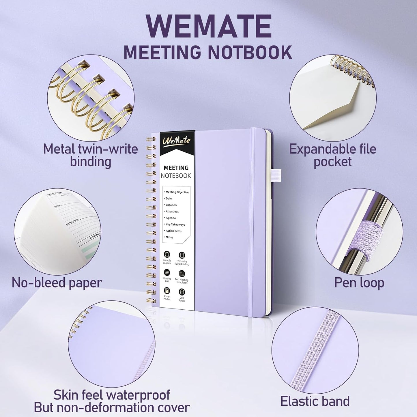 WEMATE 5 Pack Meeting Notebooks for Work（7"x10"） 200 Pages, PU Leather Notebook with Action Items & Note, For Staff & Students, Meeting, Projects Planning- Light Purple, Blue, Rose Gold, Green, Black
