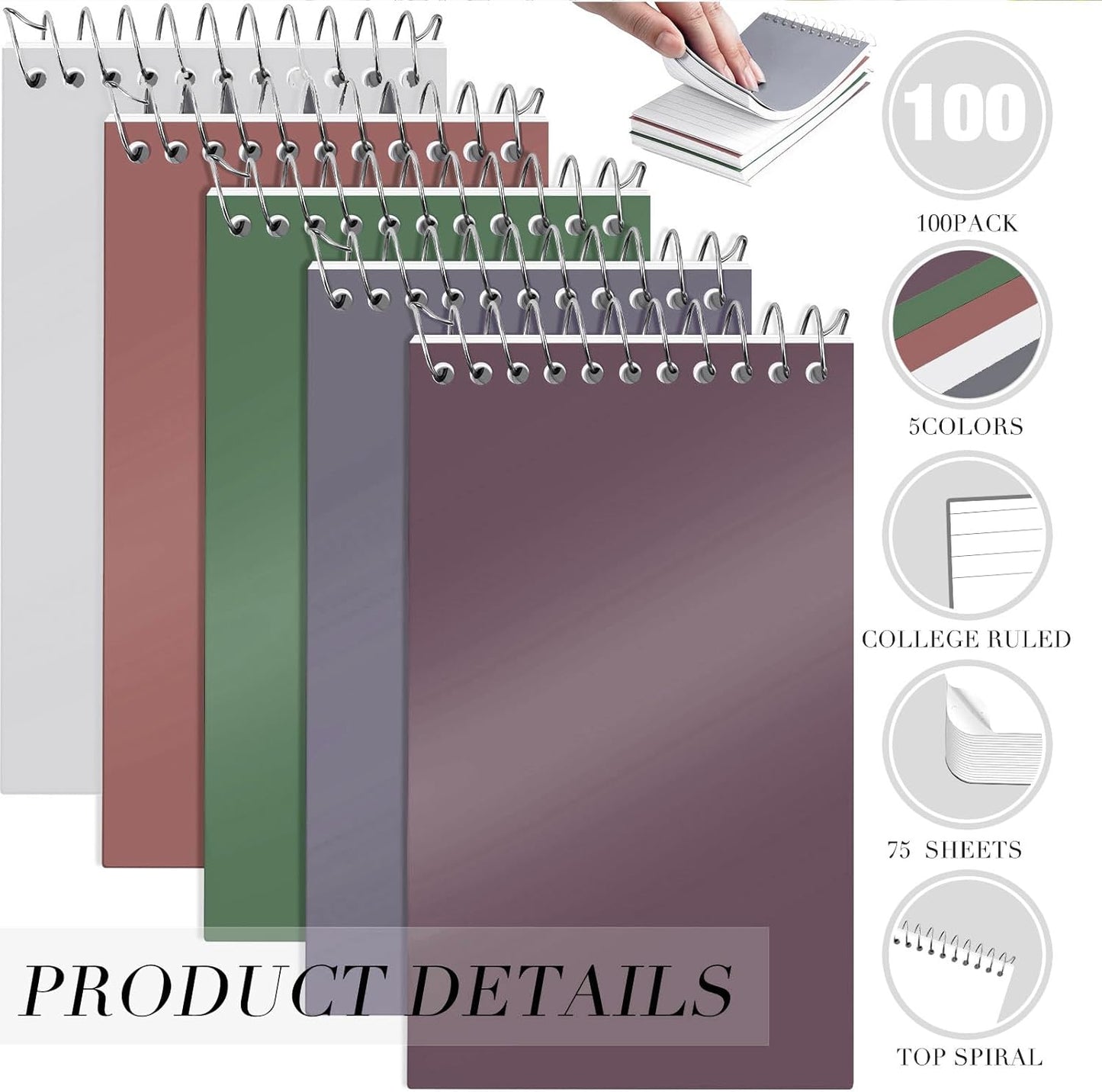 Leinuosen 100 Pcs Spiral Memo Pads 3x5 Inch 75 Sheets College Ruled Small Pocket Notebooks Little Mini Notepads Bulk Top Bound Lined Note Pads for Home School Office Travel Work (Vivid Color)